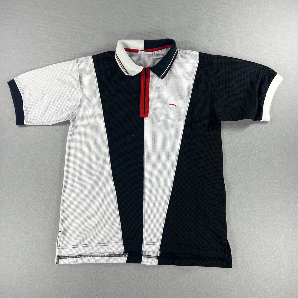 Vintage 90s Reebok Mesh Lightweight Black/White Polo Abstract Design Mens Size M